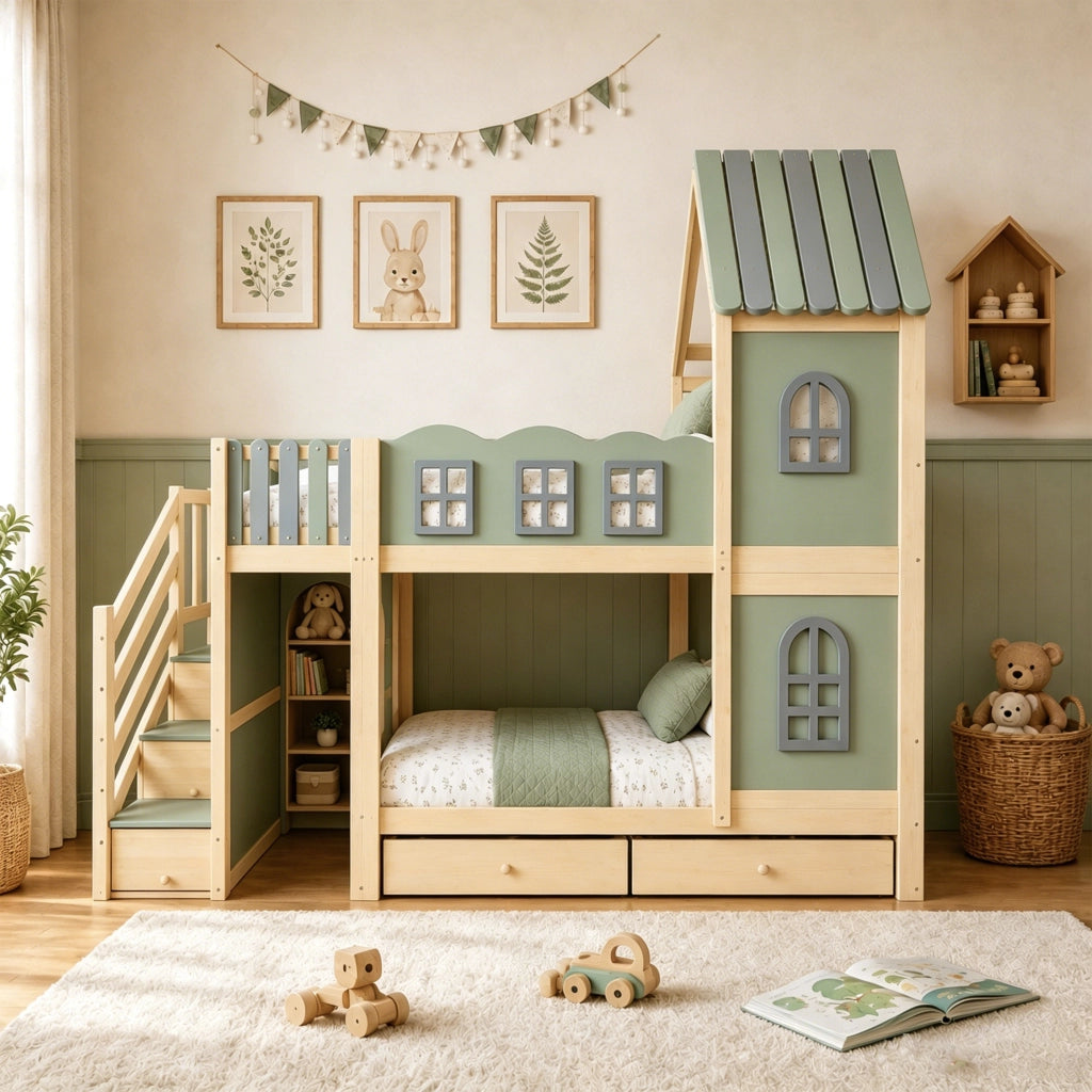 Letto a Castello 90x200 cm; 2 Posti - Scaletta Contenitore; Cassetti - Legno Verde Grigio