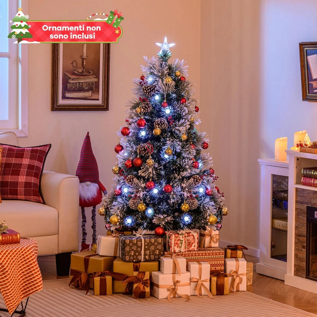 Albero di Natale Innevato 150/180 CM, con Fibra Ottica, 49/63 Luci LED, 8 Modalità di Illuminazione, 170/220 Punte di Rami, Ago di Pino, 18/24 Mazzi di Bacche Rosse e 18/24 Pigne (150 CM)
