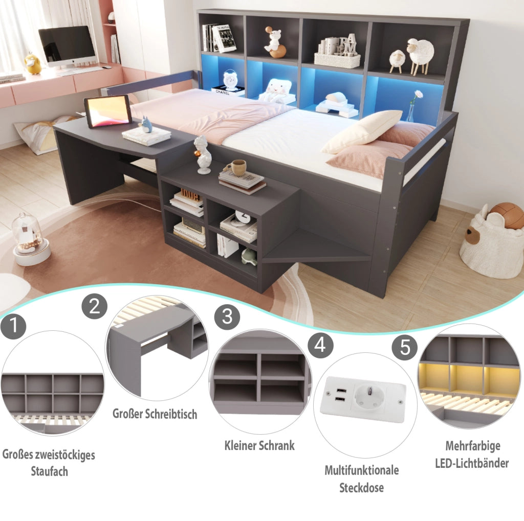 Letto multifunzionale 90x200 cm con scrivania; contenitori; LED e prese USB; grigio