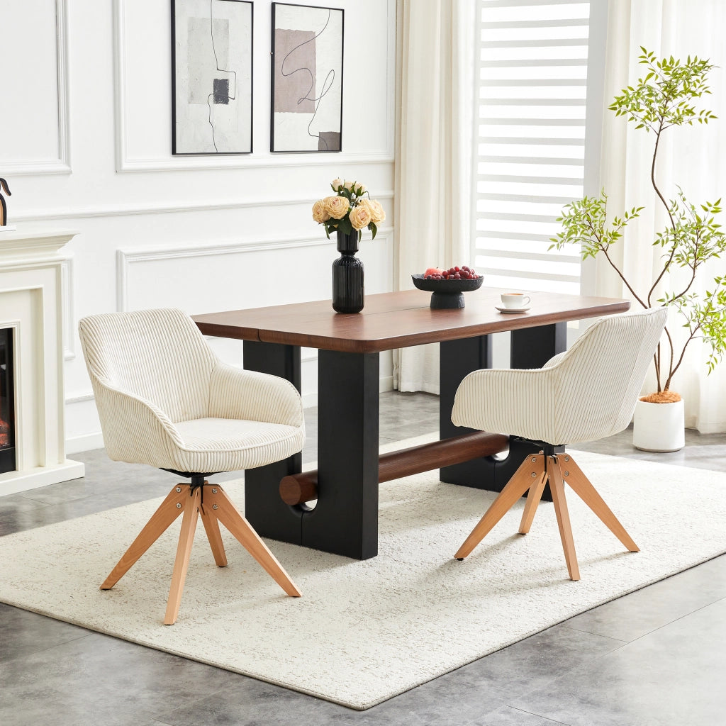 Sedia da Pranzo Set da 2 Girevole a 360° con Braccioli, in Velluto e Legno Massello, Bianco Panna