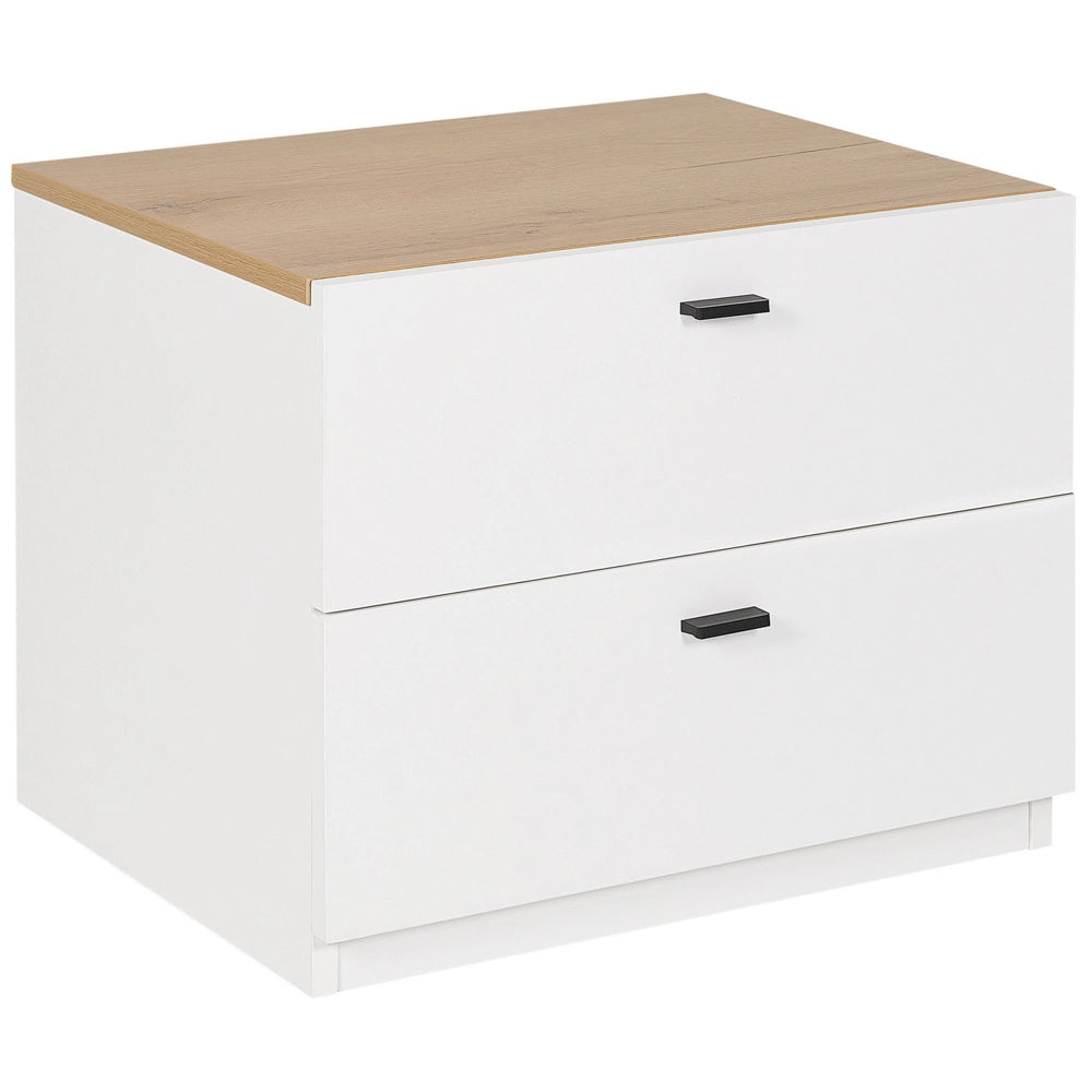 Comodino bianco con legno chiaro MDF 2 cassetti camera da letto scandinava