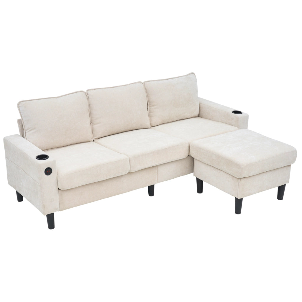 Divano imbottito beige a 3 posti con USB, Type-C e portabicchieri, divano angolare a L con pouf combinabile
