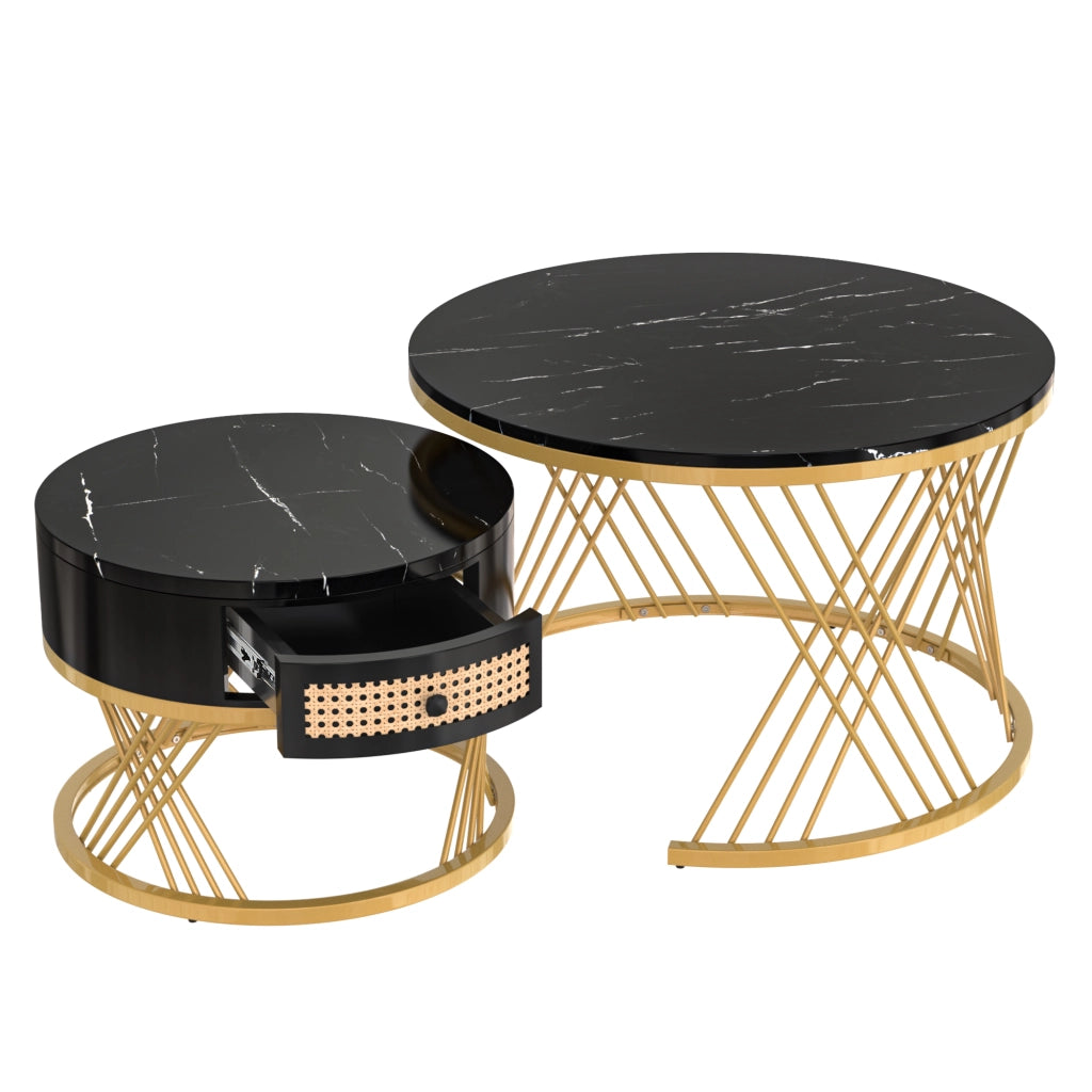 TAVOLINO DA SALOTTO Set da 2 pezzi rotondo 70/50 cm MDF nero con base oro