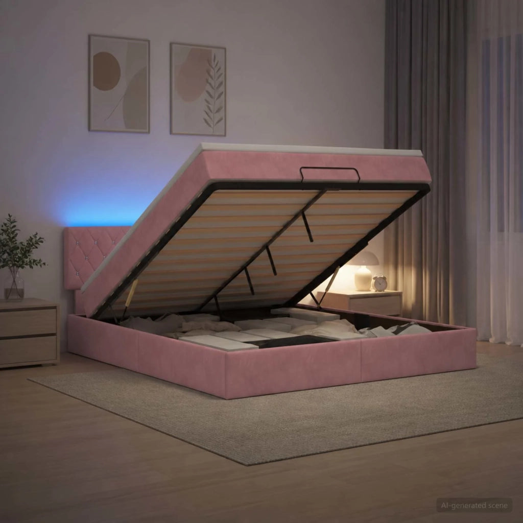 Letto Ottomano con Materasso e LED Rosa 140 x 200 cm Velluto 3457076