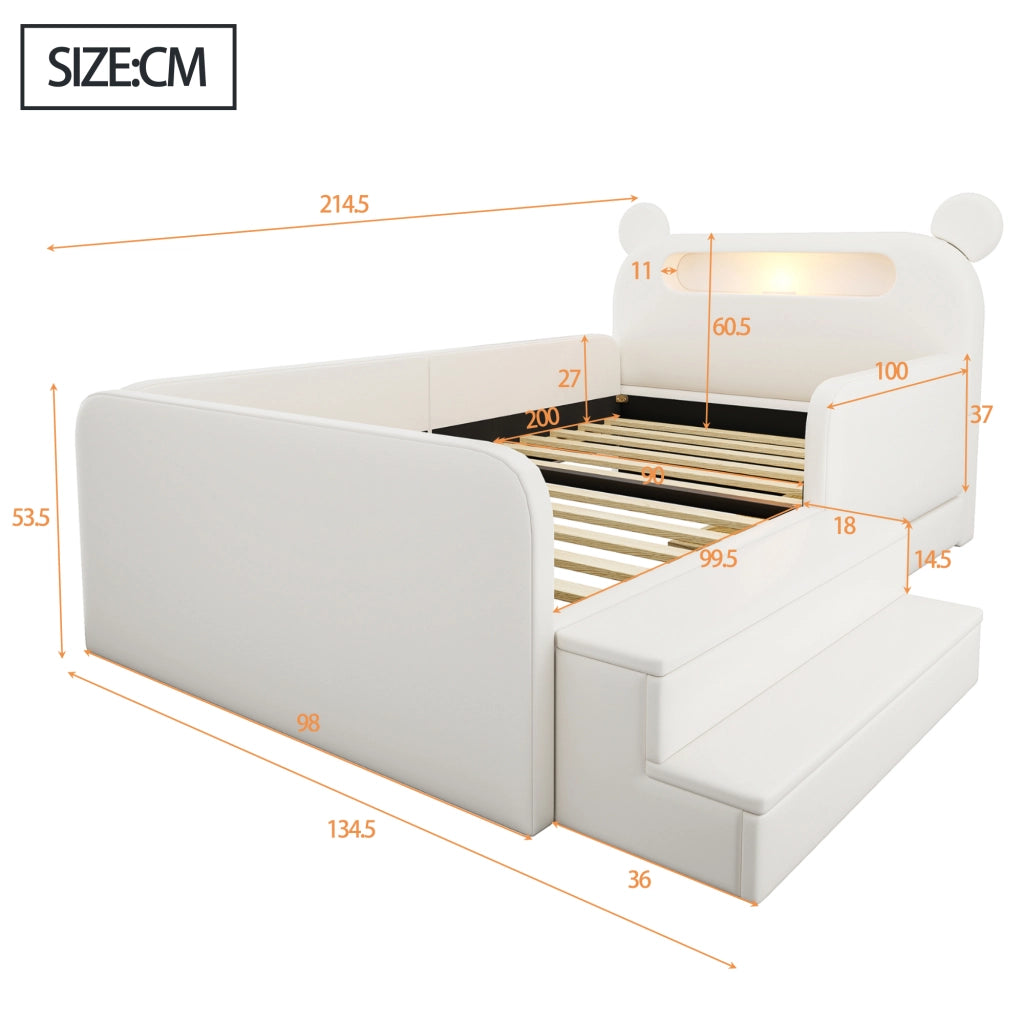 Letto per bambini 90 × 200 cm con contenitore, luce notturna USB e sponde, senza materasso, bianco