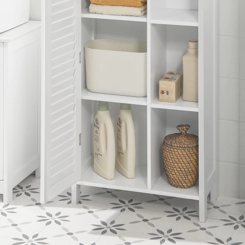 Mobiletto da Bagno – Armadio da Bagno Stretto con Porta Lamellata e 3 Ripiani Aperti, Mobile Salvaspazio, Resistente all'Umidità, Colonna per Cucina e Soggiorno, Bianco, 48x96x24cm, BZR39-W