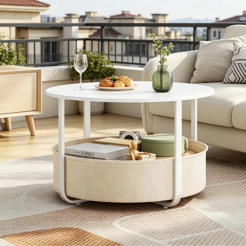 Tavolino basso rotondo con cestino in tela, struttura in metallo, per soggiorno e salotto, beige e bianco, Ø 80 × 50 cm