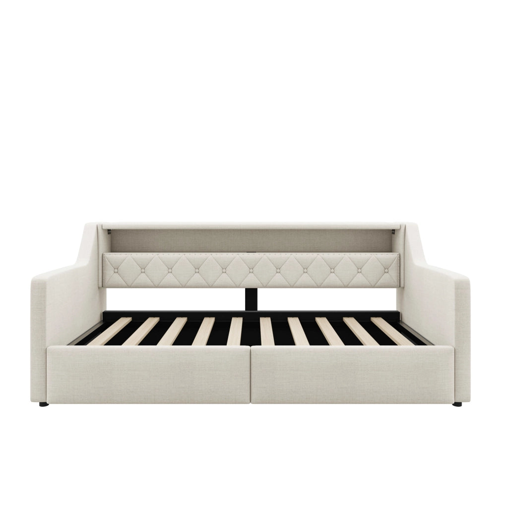 Daybed 211x106x77 cm con contenitore idraulico; LED e porte USB e USB C in lino e MDF beige