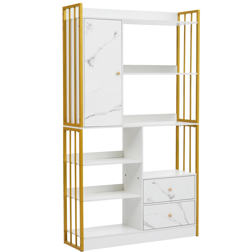 Libreria a 6 ripiani con ante e cassetti; 100 x 30 x 173;5 cm; truciolare bianco e oro
