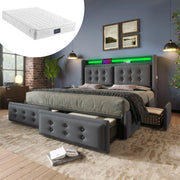 Letto imbottito ULEVR 140x200 cm con 4 cassetti, LED e ricarica USB/Type-C, grigio