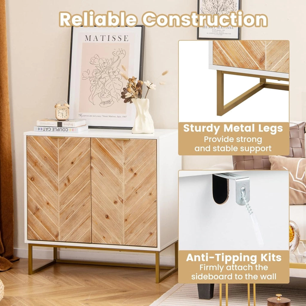 Armadio a buffet a 2 ante in legno con gambe in metallo e protezione antiribaltamento, credenza indipendente per sala da pranzo, soggiorno, ingresso (bianco)