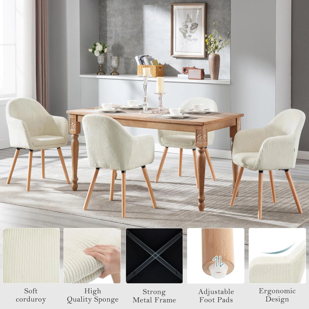 Set 2 Sedie Sala da Pranzo, Sedie Cucina, Poltroncina, Sedia Imbottita per Camera da letto Ufficio, Salotto, Seduta in Velluto a Coste, Gambe in Legno Massiccio, Crema, EZS26cm-2