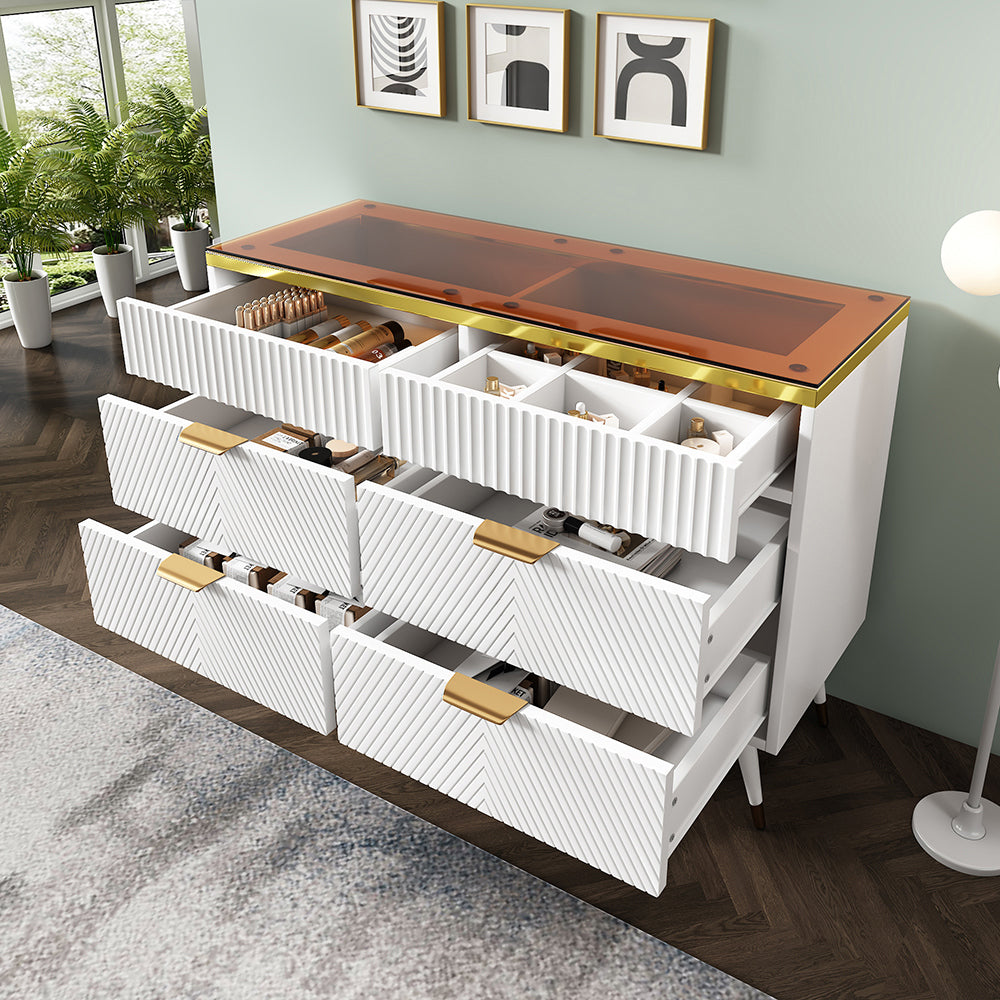 Buffet con maniglie in metallo - Xylo - 6 cassetti e 2 scompartimenti, facciate in vetro ambra, design a strisce irregolari, bianco