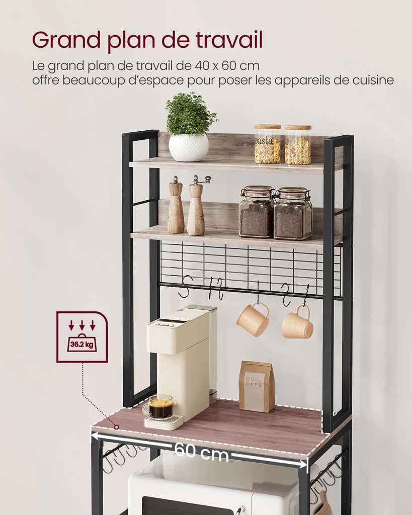 Mensola da cucina con multipresa supporto per microonde ripiano portaoggetti con pannello in rete metallica 14 ganci 40 x 80 x 170 cm marrone 12_0005672