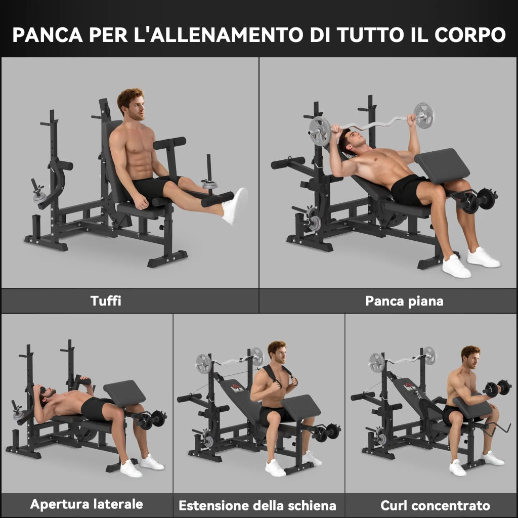 Panca da Palestra Regolabile con Supporto per Bilanciere 210x110x103-123 cm in Acciaio e PU Nero