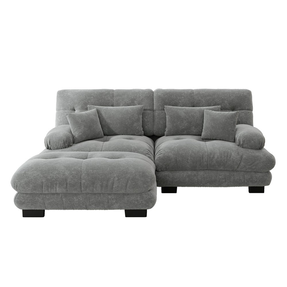 Divano angolare 2 posti con poggiapiedi ¨C Minimal ¨C grigio chenille imbottito con braccioli e cuscini