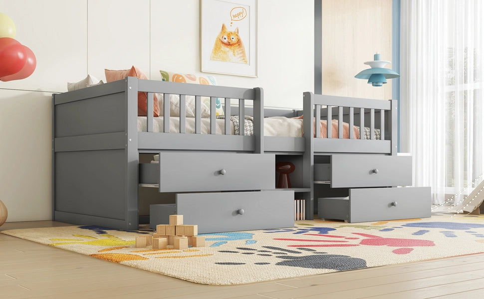 DESMIU Letto per Bambini 90 × 200 cm 1 Posto con 4 Cassetti, Sponde e Scala, senza Materasso, Pino, Grigio