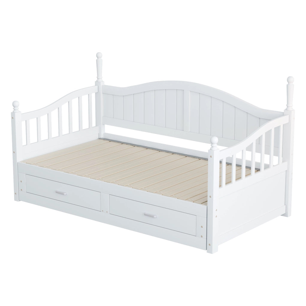 Divano letto estraibile 90x190 cm con cassetti e rete a doghe in legno bianco