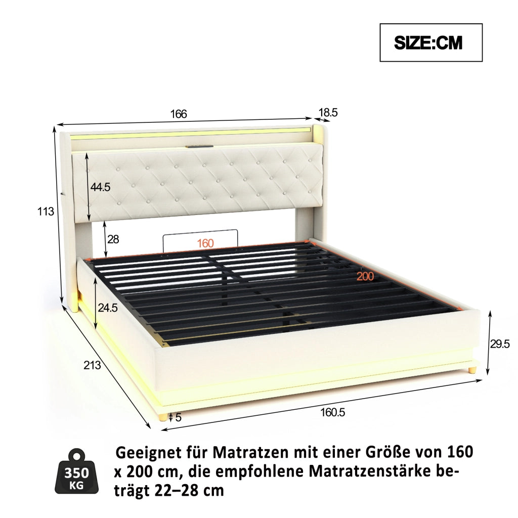LETTO Imbottito 160x200 cm Beige con LED, USB e contenitore idraulico