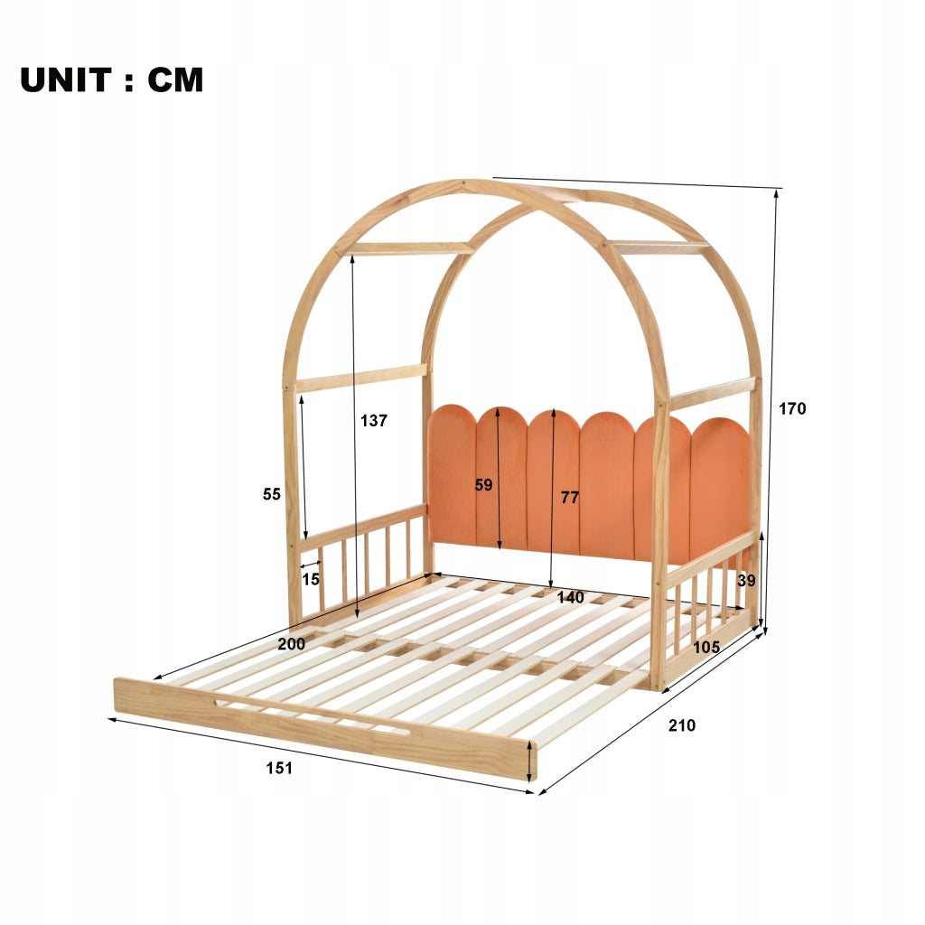 Letto con struttura estraibile - Xylo - 140x100cm&140x200cm - Naturale e arancione