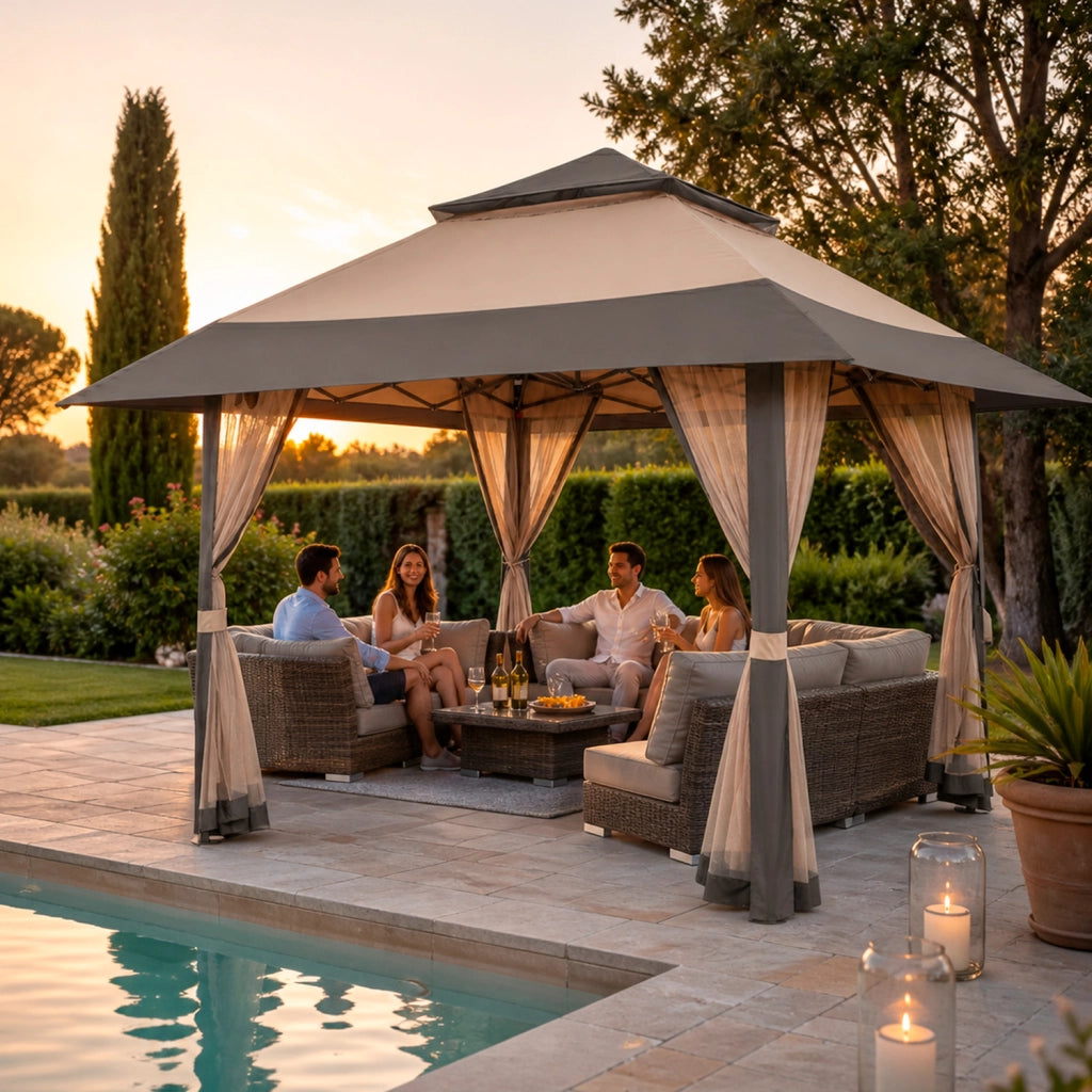 Gazebo Pop Up Da Giardino 4 X 4 Metri Con Tetto Allargato E Zanzariere Altezza Regolabile Da 2.7 X 2.9 M Apertura Rapida E Borsa Di Trasporto Inclusa Per Feste Piscina Campeggio Eventi Kaki
