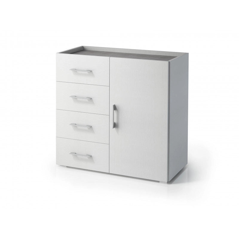 Mobile multiuso 4 cassetti con anta e piano vassoio effetto cemento bianco 90x41x87 cm - Terraneo