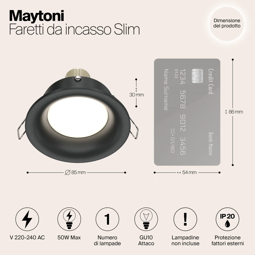 Maytoni Lampada da Incasso Slim 1 luce GU10 nero alluminio