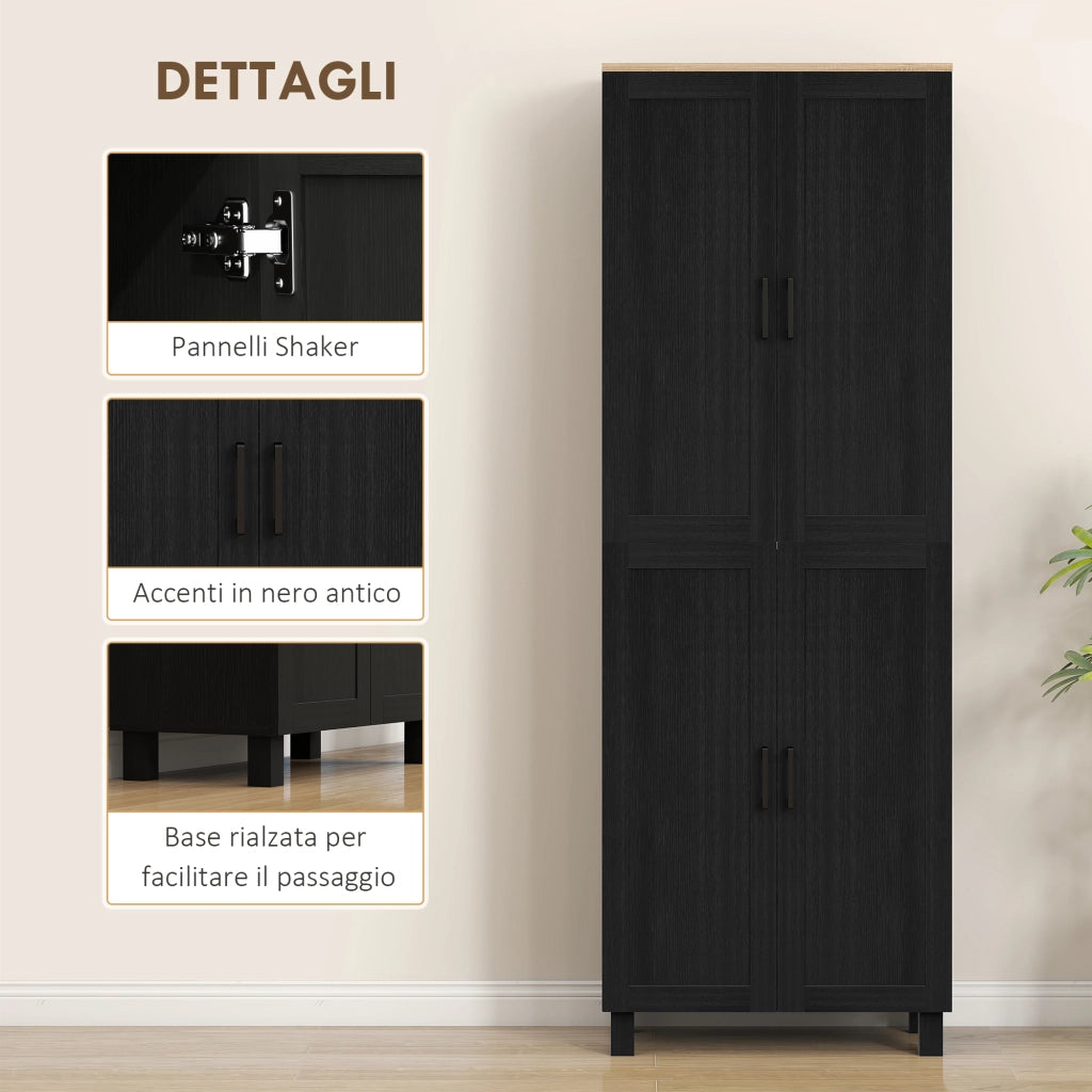 Mobile Dispensa da Cucina con 5 Ripiani Regolabili e 4 Ante ¨C Zephmum ¨C Nero, Legno, 60x30x170.5 cm