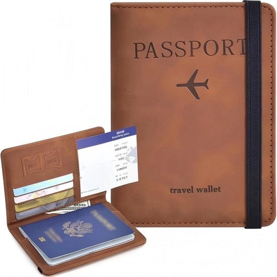 Tas da passaporto con blocco RFID - Pelle PU marrone - Accessorio di viaggio utile