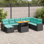 Set Divani da Giardino 9 pz con Cuscini Nero Polyrattan Acacia