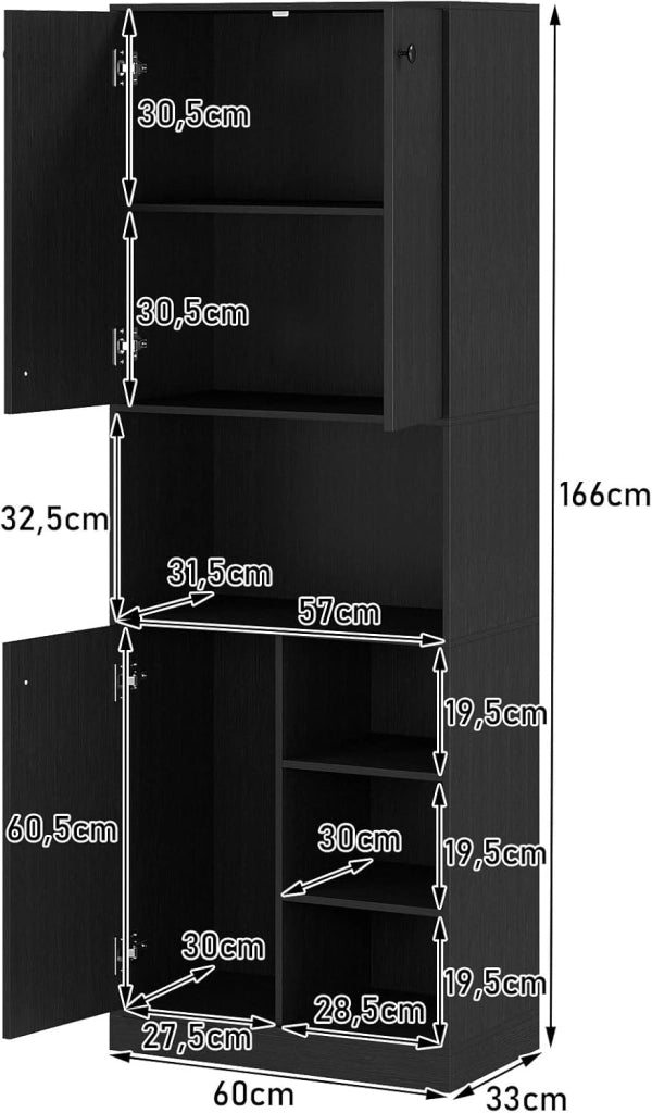 Credenza Sala da Pranzo Alto, Mobile di Stoccaggio Cucina con 4 Ripiani Aperti, 2 Armadi con Ante, Dispositivo Anti-ribaltamento, per Soggiorno, Camera da letto, Cucina, 60 x 33 x 166 cm (nero