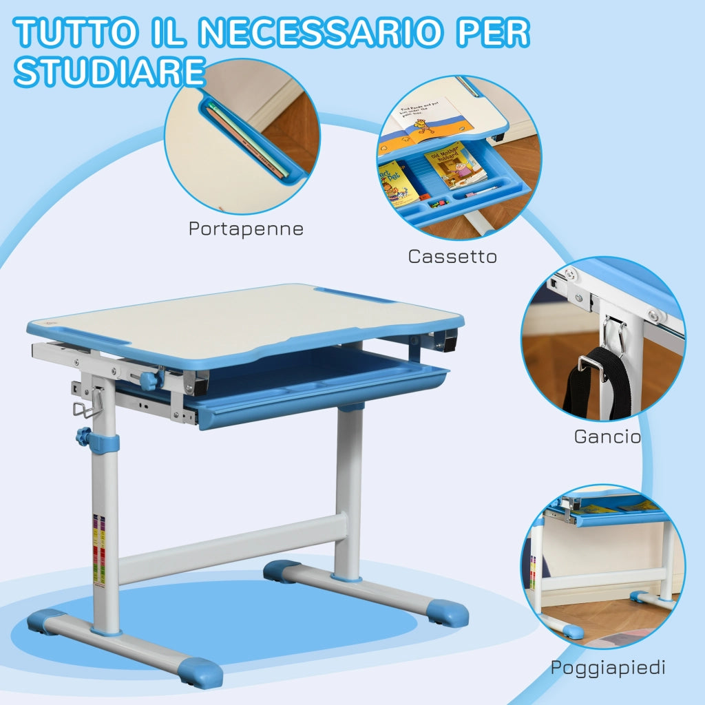 Scrivania per Bambini con Sedia Regolabile, Cassetto e Piano Inclinabile ¨C zephmum ¨C 66x47x52-77 cm, Blu