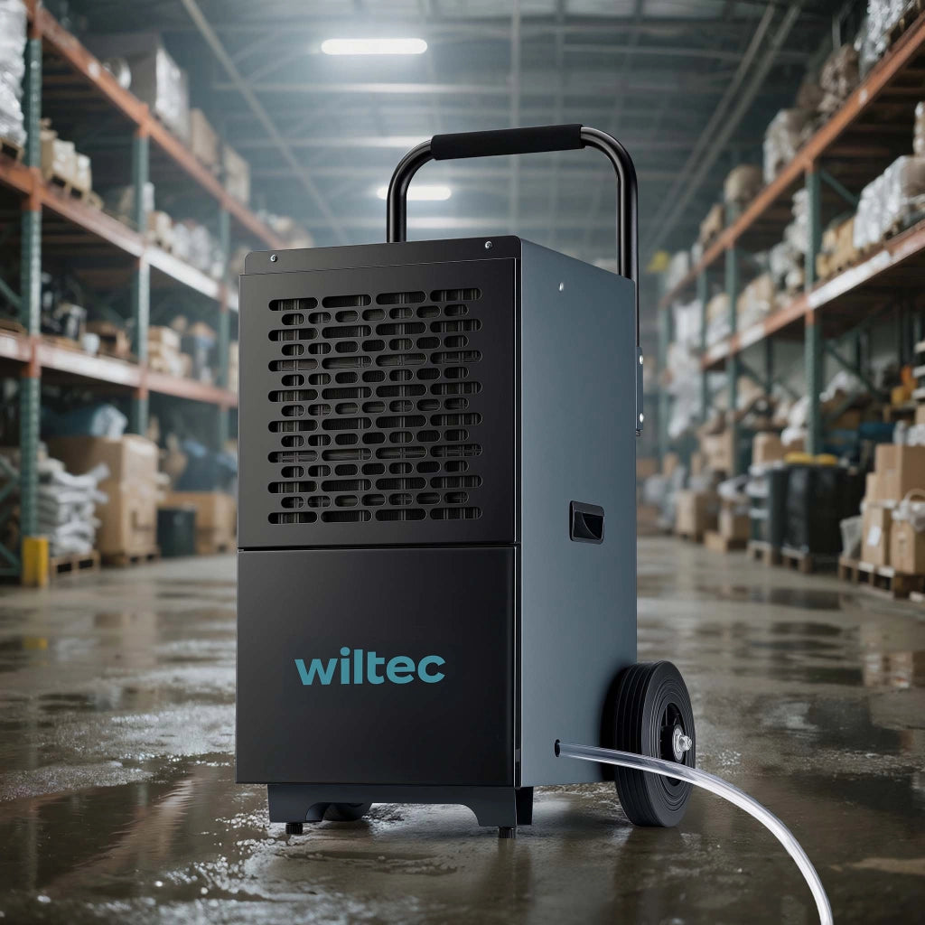 Deumidificatore industriale fino a 50 l/giorno, 650 W, asciugatura muri bagnati per grandi ambienti, max 130 m², serbatoio da 7 l, timer 24 ore