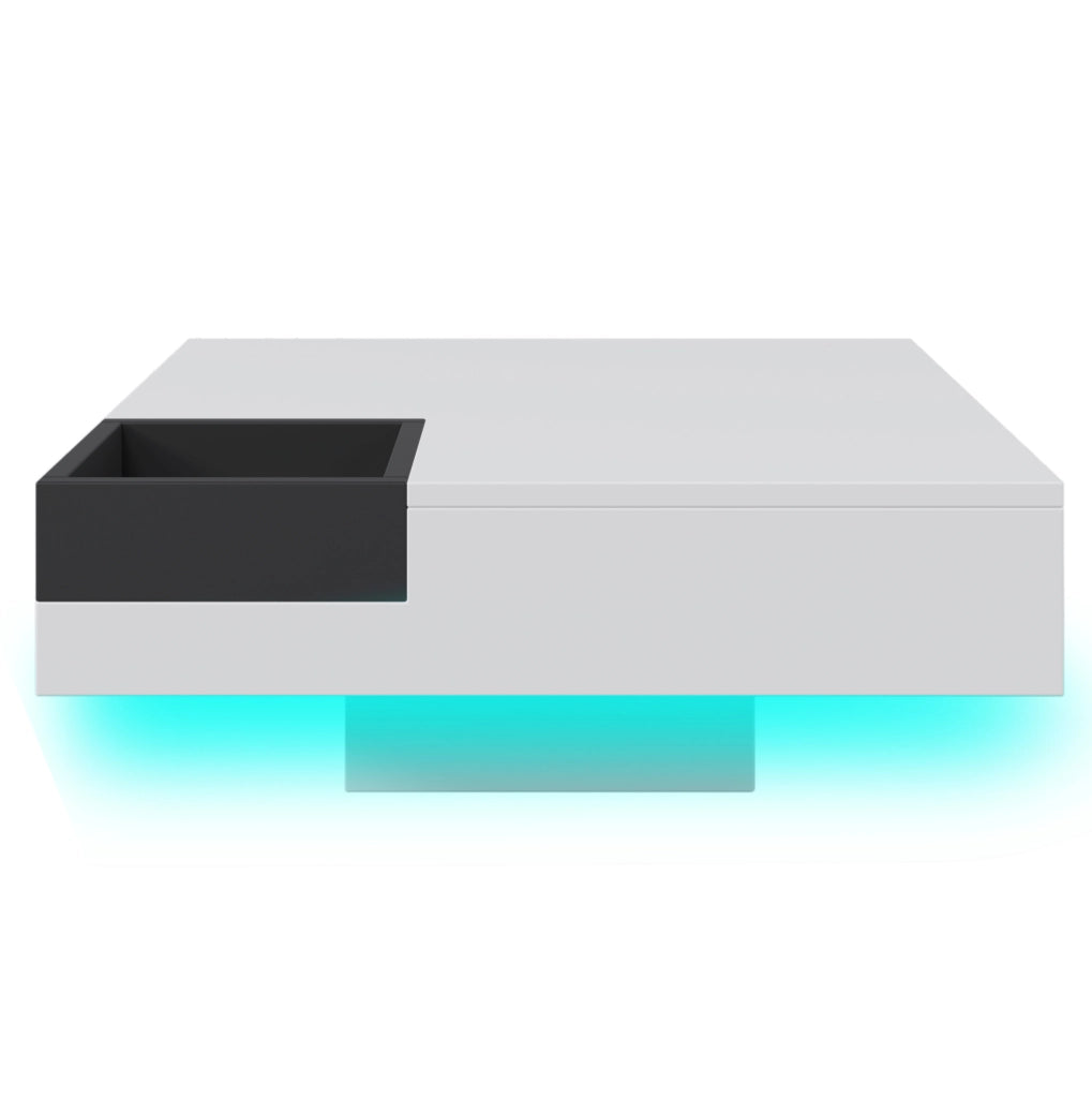 Tavolino da salotto 72x72x30 cm in truciolare bianco e nero lucido con box contenitore e LED