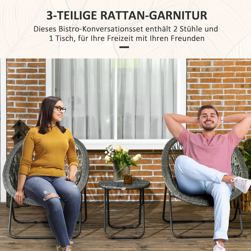 SET 3 PEZZI SALOTTO DA GIARDINO PIEGHEVOLE IN RATTAN GRIGIO CON TAVOLINO