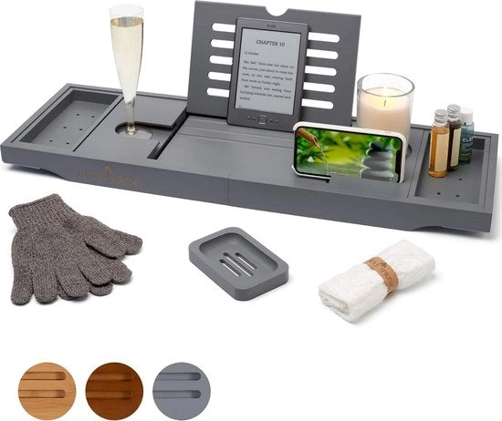 Bacino per doccia in bambù con sospensione per candela, bicchiere da vino, libro, tablet, smartphone e supporto per dispositivi, bacino per doccia in bambù estensibile, bacino per doccia in legno di bambù, 100% bambù (grigio)