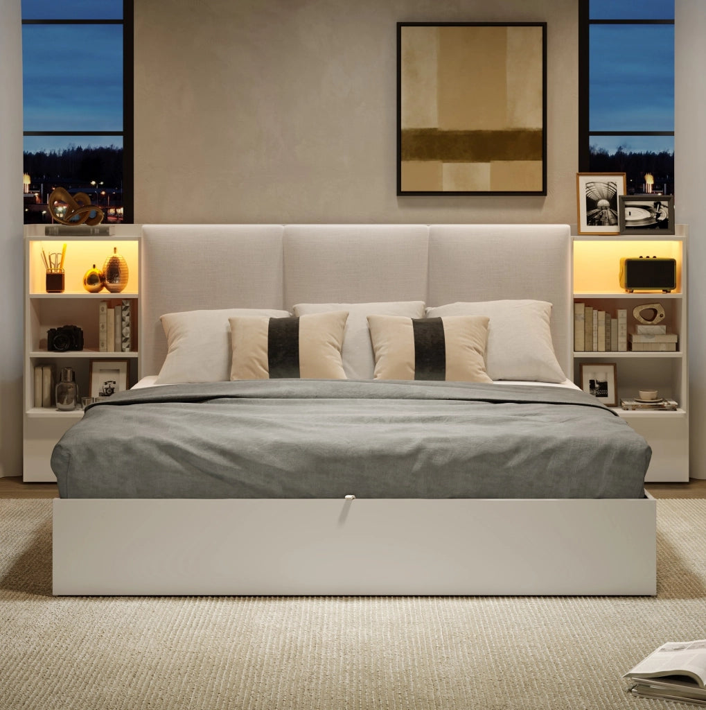 Letto a piattaforma 180x200 cm in MDF e compensato bianco con LED e contenitore –