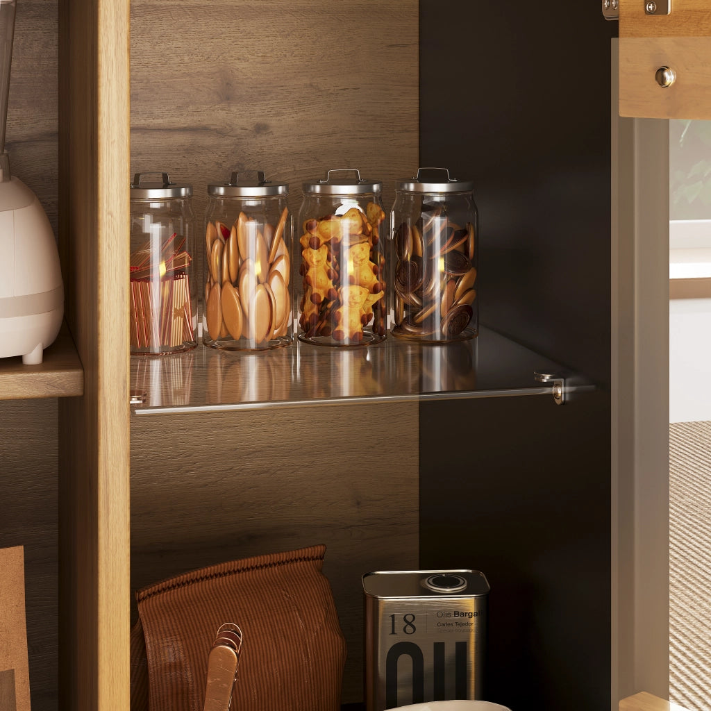 Tavolo allungabile con LED e vano snack in MDF e vetro nero naturale 110-140 × 80 × 76 cm