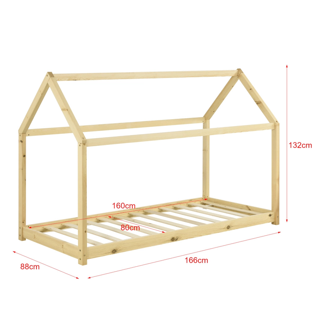 Letto per Bambino a Forma di Casetta con Materasso Ipoallergenico a Schiuma Fredda 80x160 cm Struttura in Legno in Stile Montessori - Color Legno Naturale