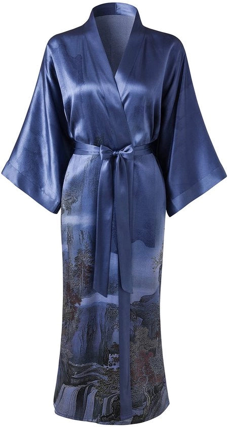 Kimono da notte in 100% seta con disegno floreale classico, colore paesaggio grigio blu