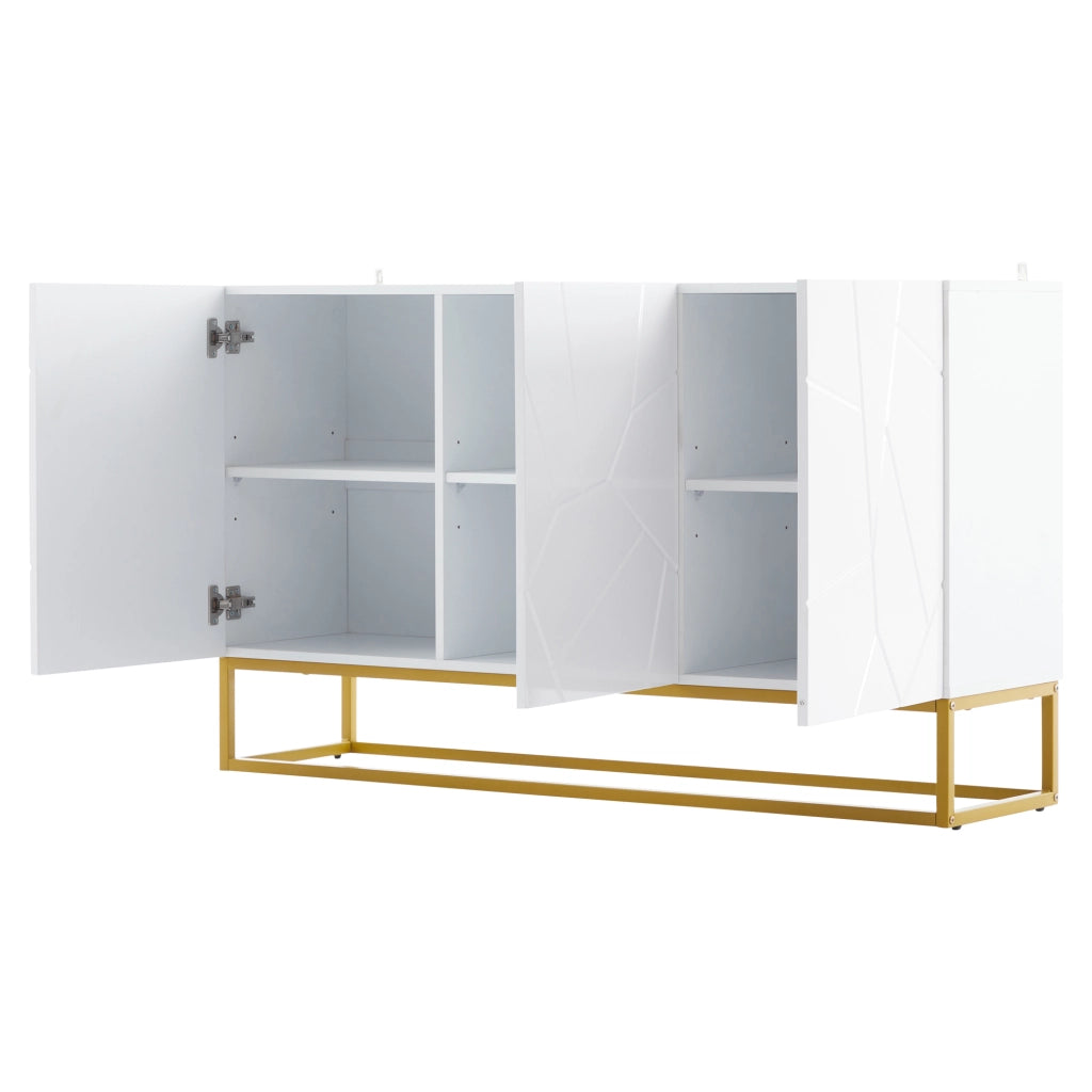 Credenza con 3 ante e ripiani regolabili, frontali lucidi, per soggiorno e ingresso, 130 × 35 × 76 cm, bianco e oro