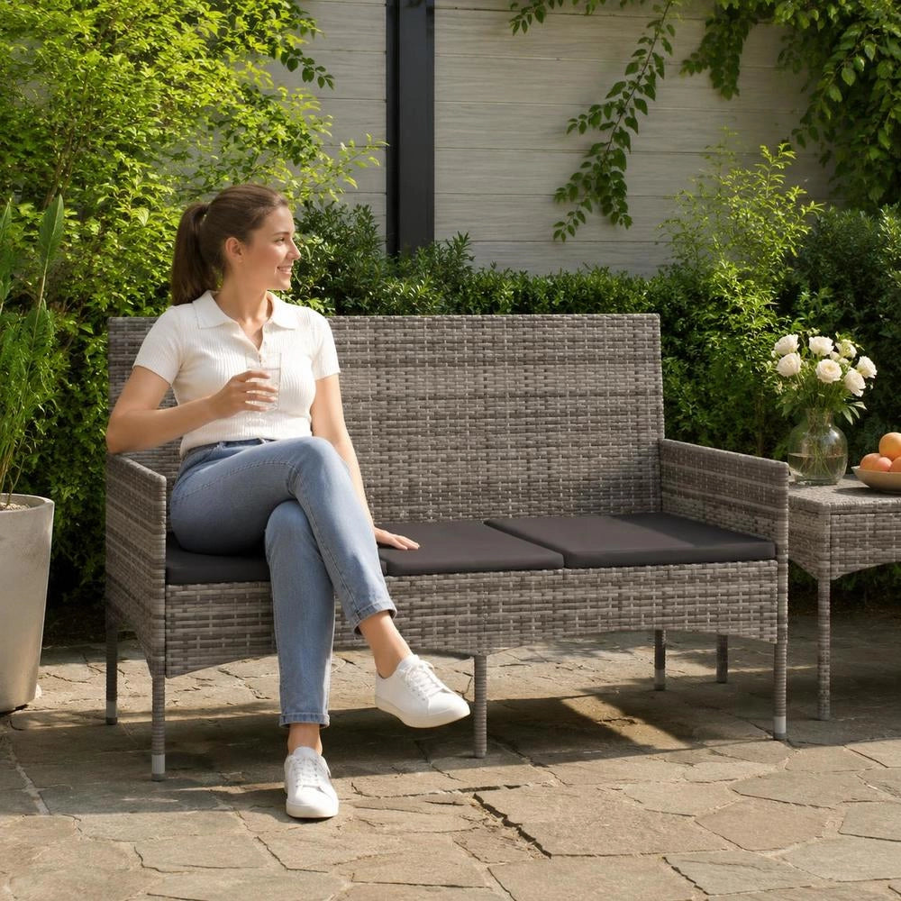 3-seater Garden Bench With Cushions, Grey Poly Rattan