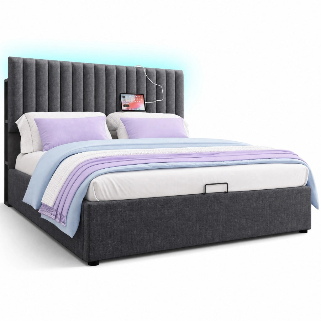 Letto matrimoniale imbottito 140x200 cm con contenitore, LED App-Control, USB e Type-C, grigio, con materasso