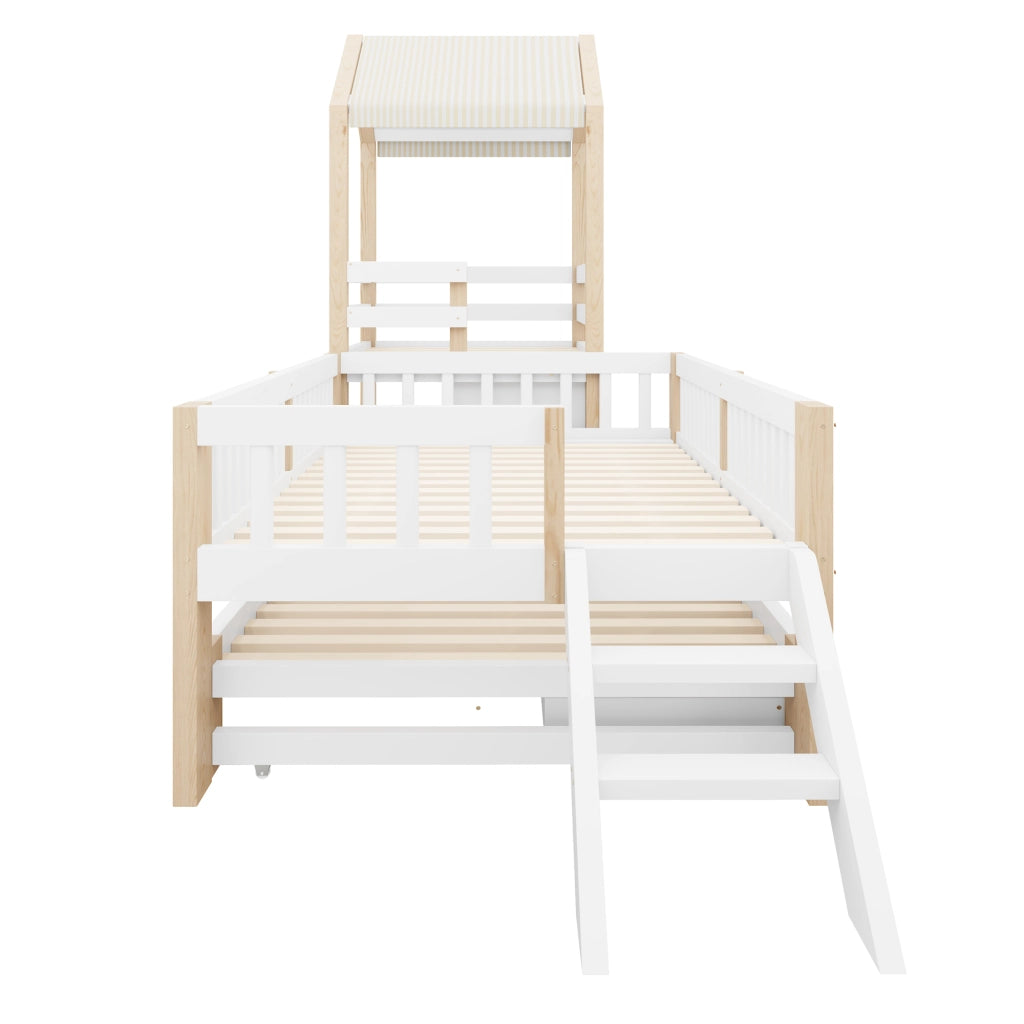 Letto per bambini a casetta 90 × 200 cm con letto estraibile 90 × 190 cm, cassetti e scaletta, senza materasso
