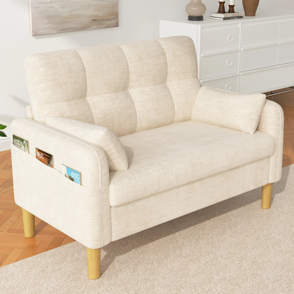 Divano a due posti modulare per piccoli spazi con cuscini schienale alto e tasca laterale in tessuto chenille beige