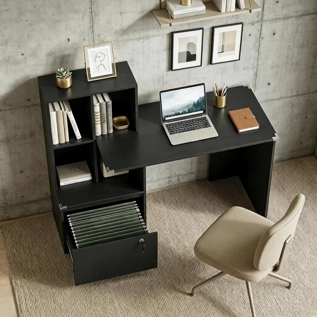 tavolo da toeletta Scrivania computer con libreria 4 scomparti e cassetto chiudibile;Bianco