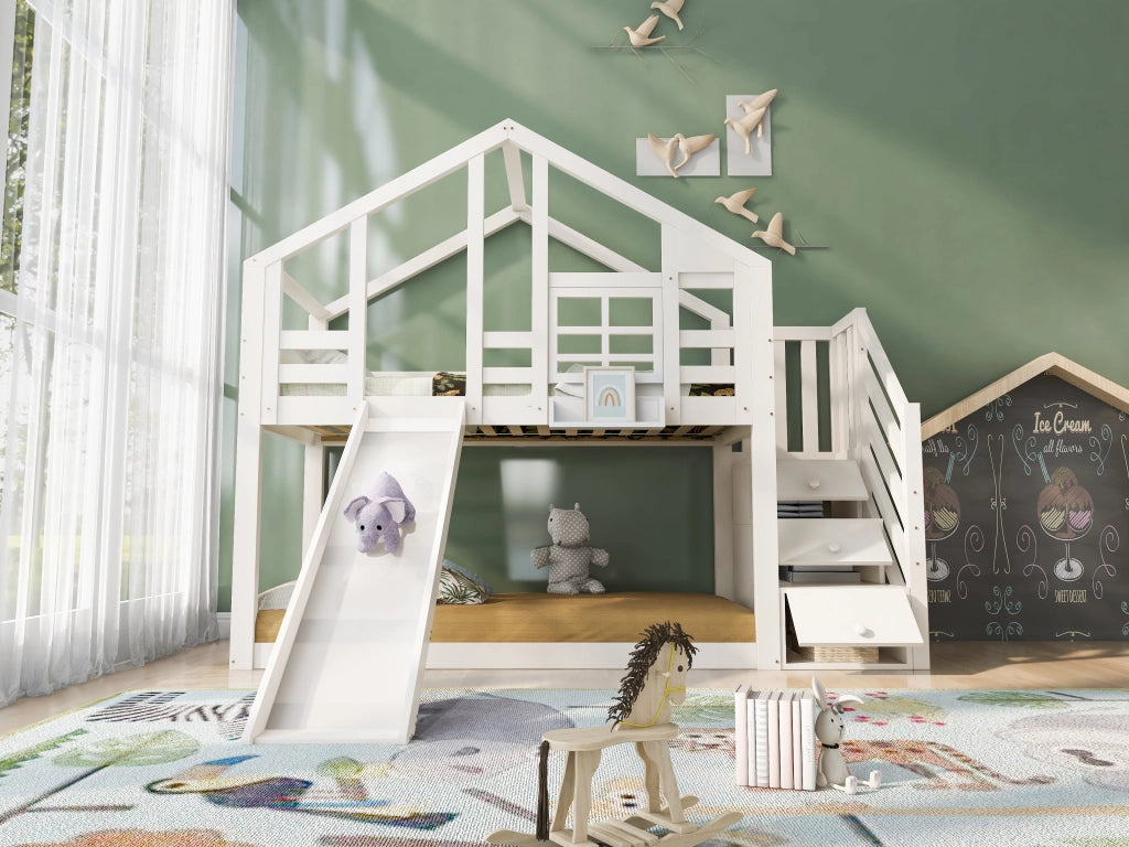 Letto a Castello 90 x 200 cm; 2 Posti - con Scivolo e Scale Contenitore - Bianco