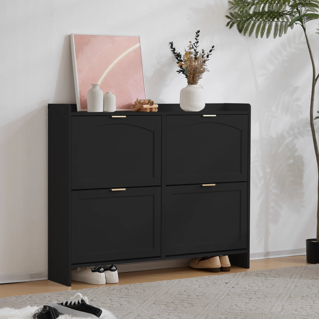 OKWISH Scarpiera con 4 Ribalte e Ripiani Aperti, Ripiani Regolabili, per Ingresso, 110 x 24 x 90 cm, Nera