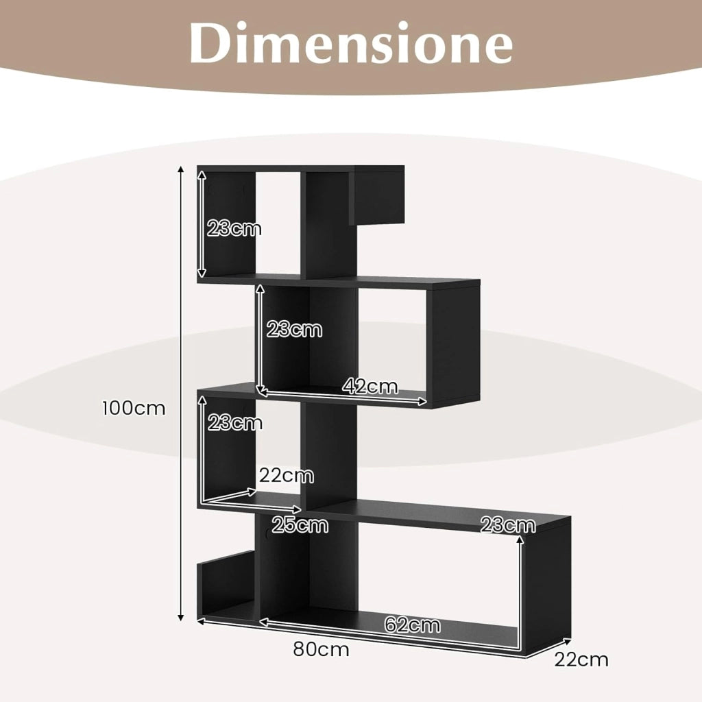 Libreria a Forma di S a 4 Ripiani, Scaffale Aperto Portaoggetti in Legno, Scaffale Verticale Separatore Multifunzionale, per Camera da Letto, Studio, Soggiorno, 80 x 22 x 100 cm (Nero)