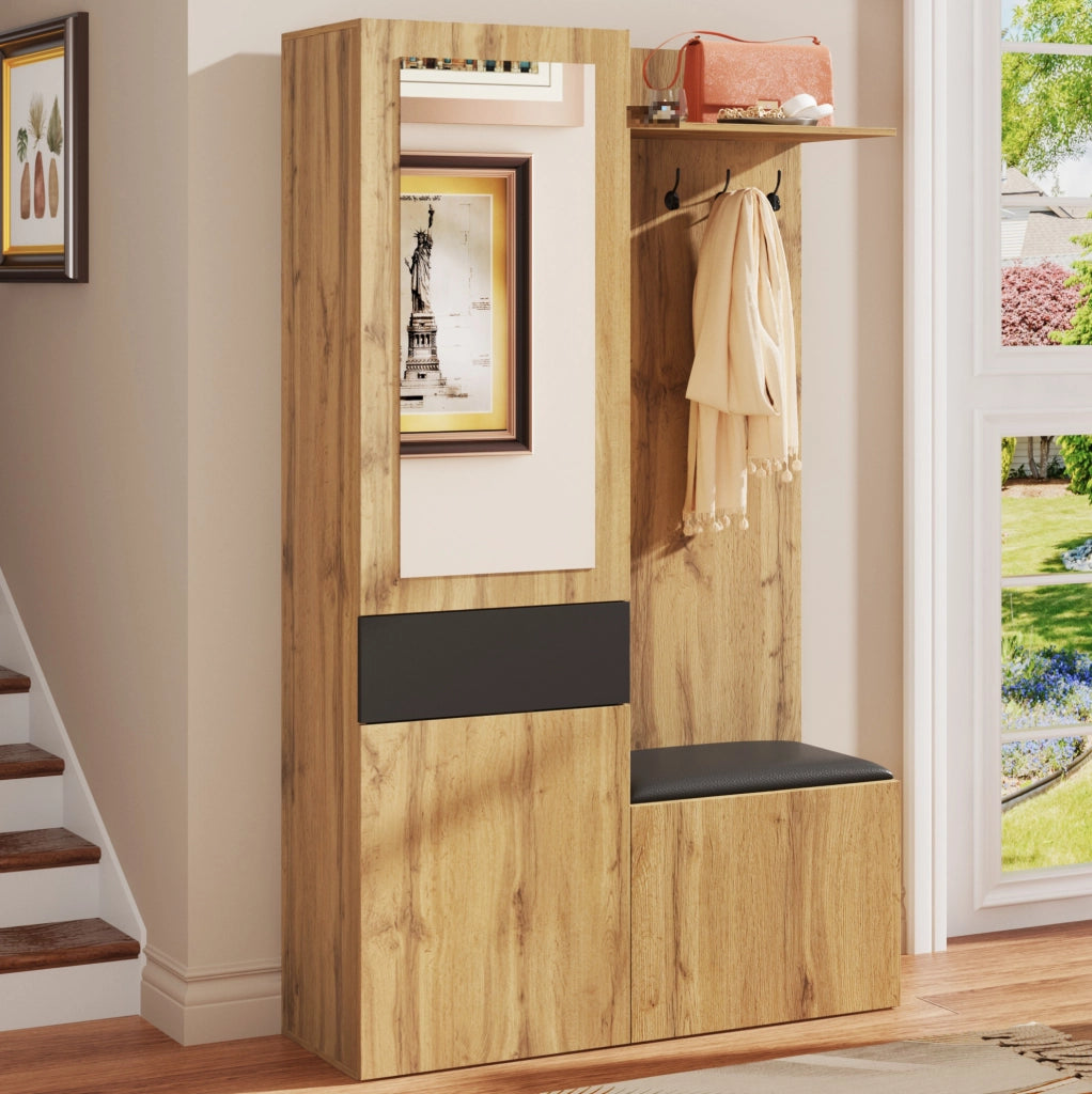 Set guardaroba ULEVR 98,5x38x191 cm con specchio, 5 ganci, 2 scarpiere e panca, nero e naturale